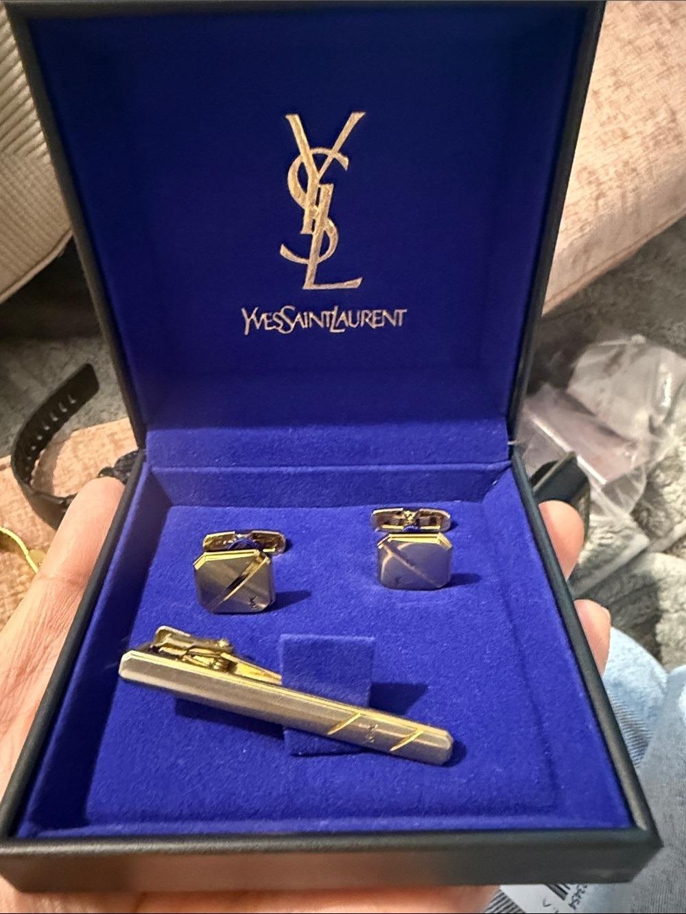 Vintage Saint Laurent Two-Tone Silver and Gold Cufflinks with Matching Tie Clip